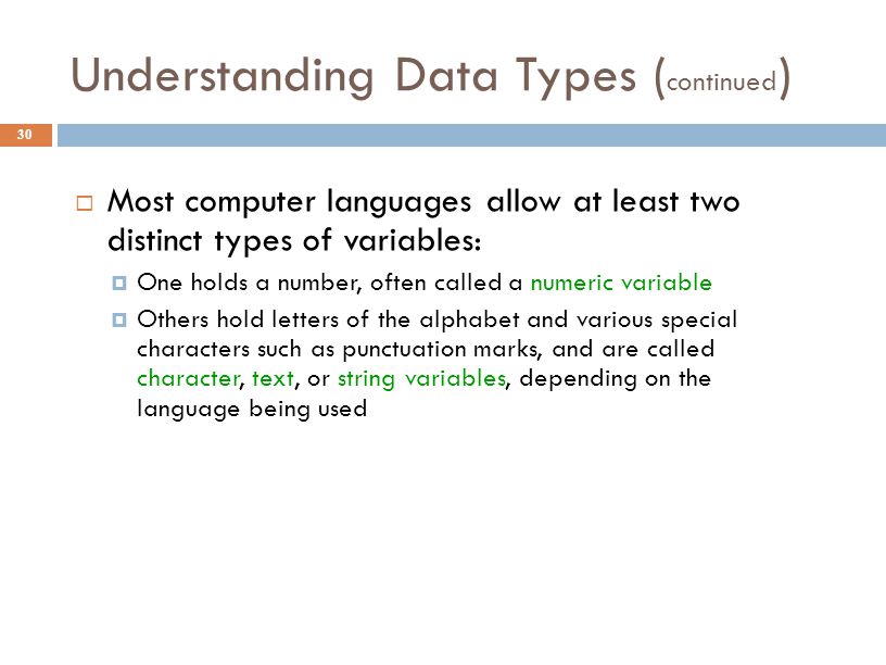 Understanding Data Types ( continued ) 30  Most computer languages allow at least two distinct types of variables:  One holds a number, often called a numeric variable  Others hold letters of the alphabet and various special characters such as punctuation marks, and are called character, text, or string variables, depending on the language being used