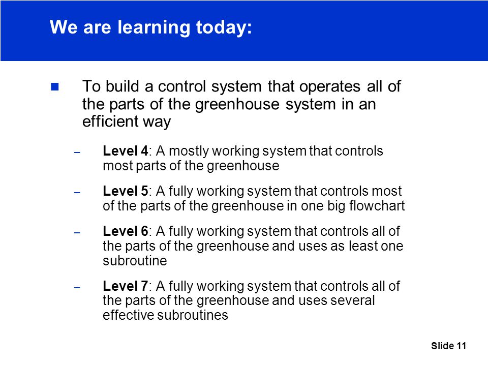 Slide 11 We are learning today: To build a control system that operates all of the parts of the greenhouse system in an efficient way – Level 4: A mostly working system that controls most parts of the greenhouse – Level 5: A fully working system that controls most of the parts of the greenhouse in one big flowchart – Level 6: A fully working system that controls all of the parts of the greenhouse and uses as least one subroutine – Level 7: A fully working system that controls all of the parts of the greenhouse and uses several effective subroutines