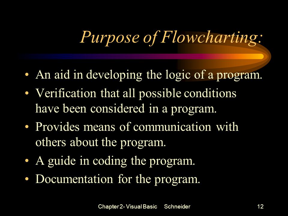 Chapter 2- Visual Basic Schneider12 Purpose of Flowcharting: An aid in developing the logic of a program.