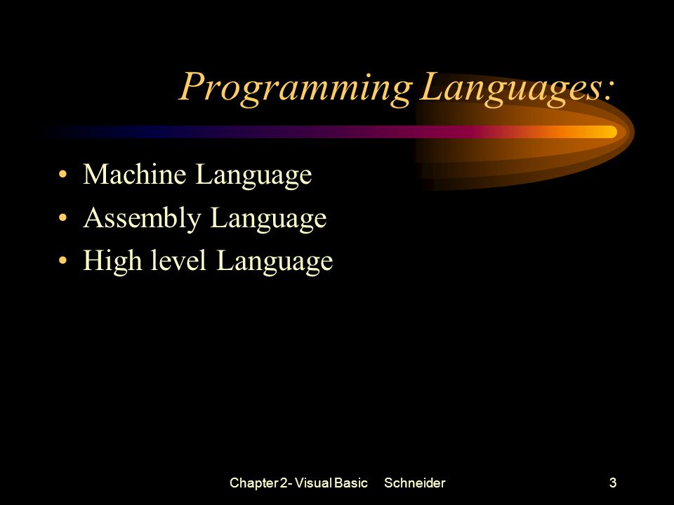 Chapter 2- Visual Basic Schneider3 Programming Languages: Machine Language Assembly Language High level Language