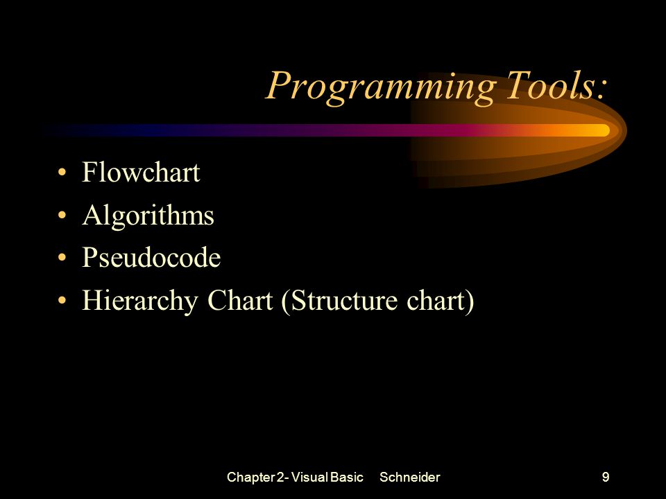 Chapter 2- Visual Basic Schneider9 Programming Tools: Flowchart Algorithms Pseudocode Hierarchy Chart (Structure chart)