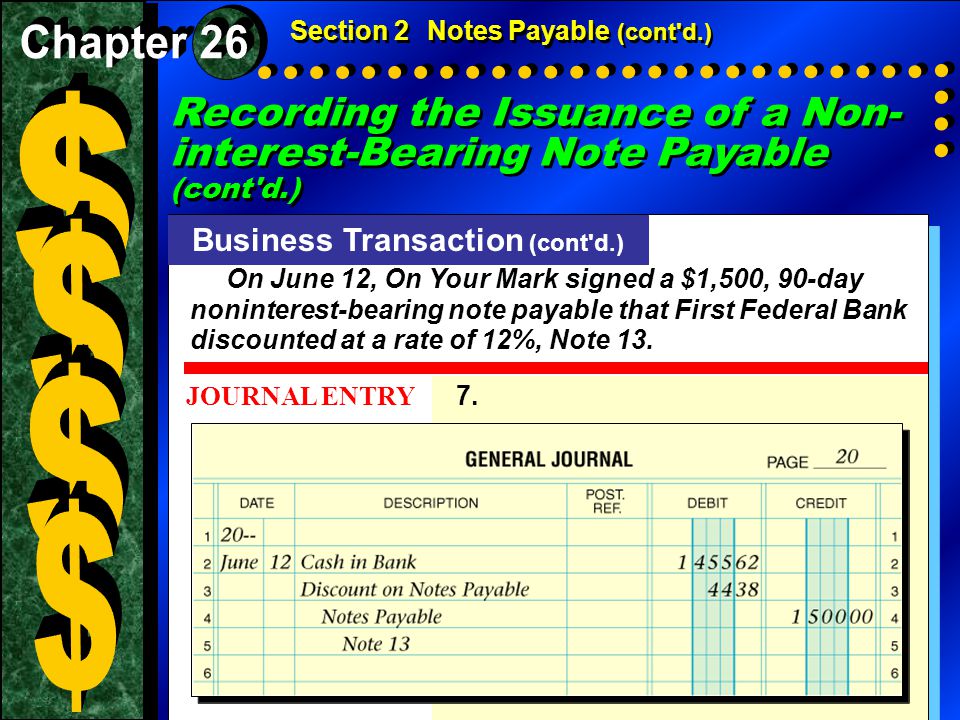 Section 2Notes Payable (cont d.) Business Transaction (cont d.) On June 12, On Your Mark signed a $1,500, 90-day noninterest-bearing note payable that First Federal Bank discounted at a rate of 12%, Note 13.