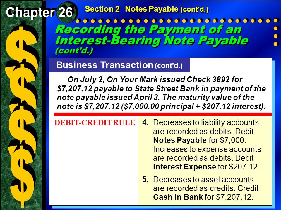 Section 2Notes Payable (cont d.) Business Transaction (cont d.) On July 2, On Your Mark issued Check 3892 for $7, payable to State Street Bank in payment of the note payable issued April 3.