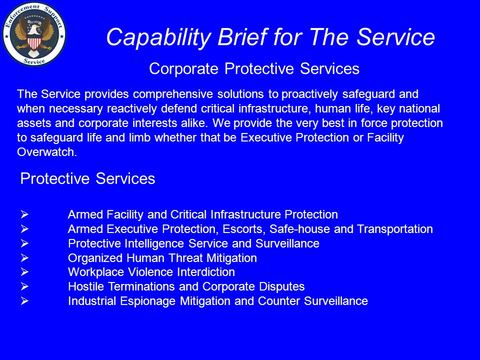 Capability Brief for The Service Corporate Protective Services The Service provides comprehensive solutions to proactively safeguard and when necessary reactively defend critical infrastructure, human life, key national assets and corporate interests alike.