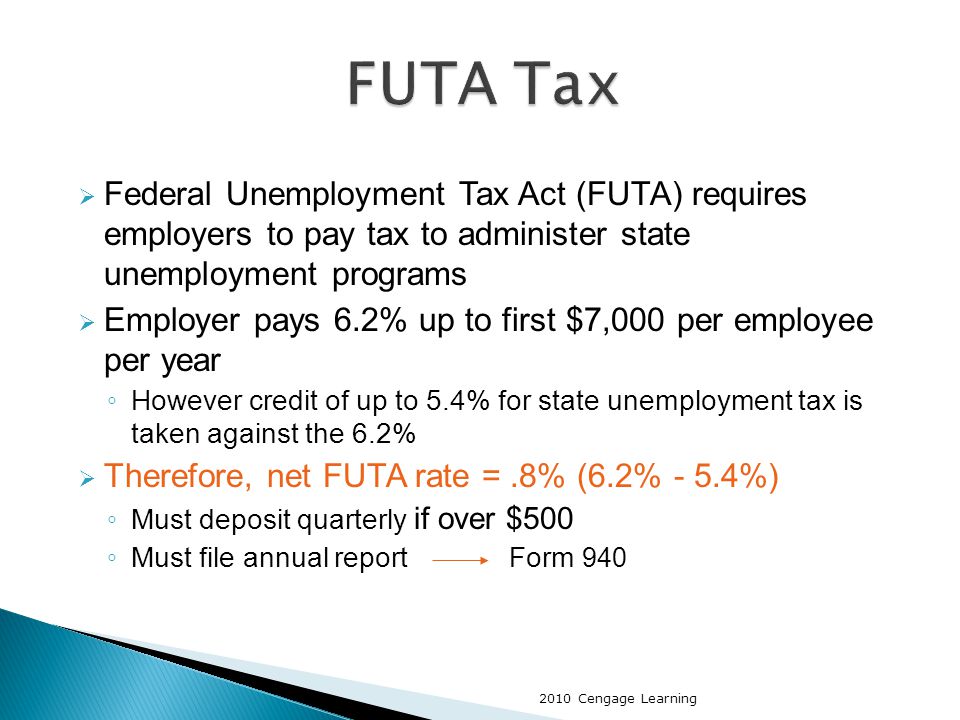  Federal Unemployment Tax Act (FUTA) requires employers to pay tax to administer state unemployment programs  Employer pays 6.2% up to first $7,000 per employee per year ◦ However credit of up to 5.4% for state unemployment tax is taken against the 6.2%  Therefore, net FUTA rate =.8% (6.2% - 5.4%) ◦ Must deposit quarterly if over $500 ◦ Must file annual report Form Cengage Learning