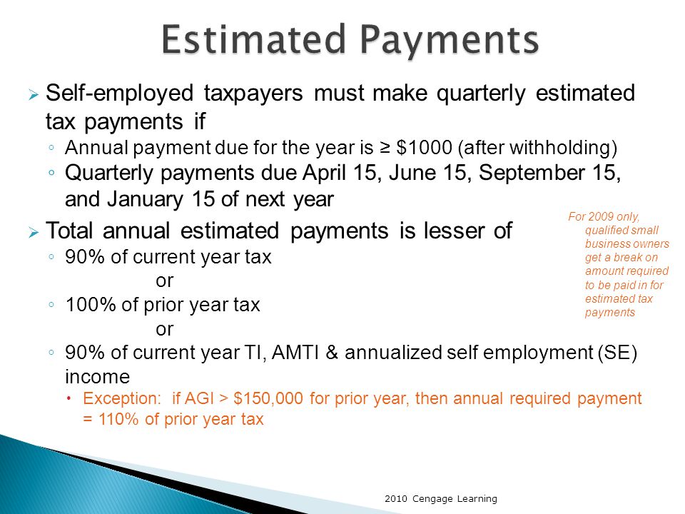  Self-employed taxpayers must make quarterly estimated tax payments if ◦ Annual payment due for the year is ≥ $1000 (after withholding) ◦ Quarterly payments due April 15, June 15, September 15, and January 15 of next year  Total annual estimated payments is lesser of ◦ 90% of current year tax or ◦ 100% of prior year tax or ◦ 90% of current year TI, AMTI & annualized self employment (SE) income  Exception: if AGI > $150,000 for prior year, then annual required payment = 110% of prior year tax For 2009 only, qualified small business owners get a break on amount required to be paid in for estimated tax payments 2010 Cengage Learning