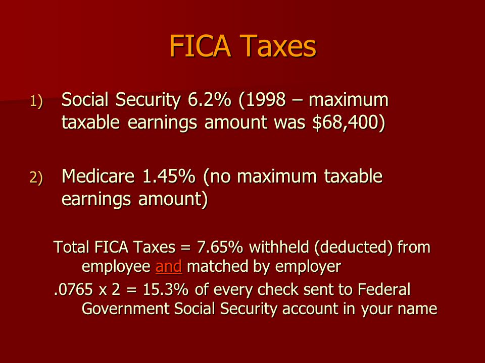 FICA Taxes 1) Social Security 6.2% (1998 – maximum taxable earnings amount was $68,400) 2) Medicare 1.45% (no maximum taxable earnings amount) Total FICA Taxes = 7.65% withheld (deducted) from employee and matched by employer.0765 x 2 = 15.3% of every check sent to Federal Government Social Security account in your name