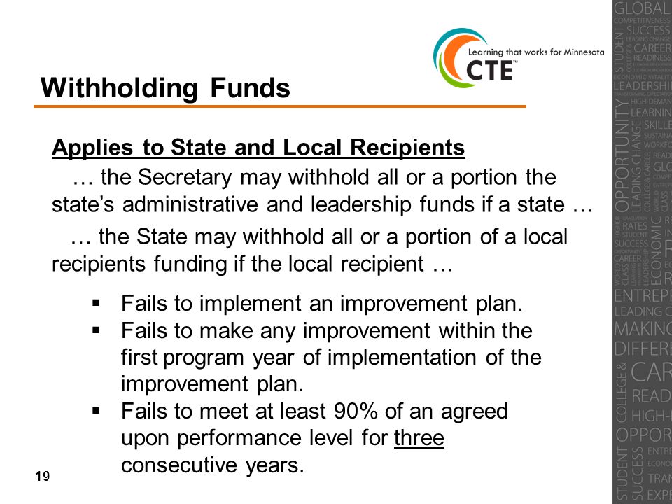 Withholding Funds Applies to State and Local Recipients … the Secretary may withhold all or a portion the state’s administrative and leadership funds if a state …  Fails to implement an improvement plan.