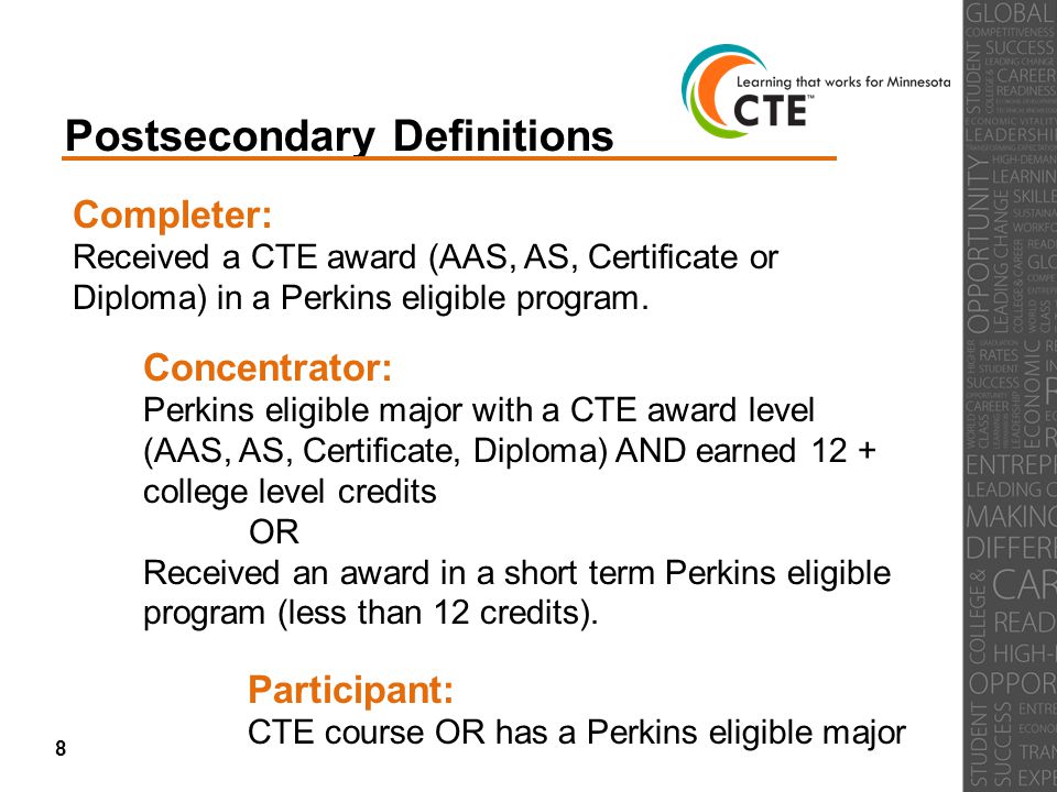 Postsecondary Definitions Participant: CTE course OR has a Perkins eligible major Concentrator: Perkins eligible major with a CTE award level (AAS, AS, Certificate, Diploma) AND earned 12 + college level credits OR Received an award in a short term Perkins eligible program (less than 12 credits).