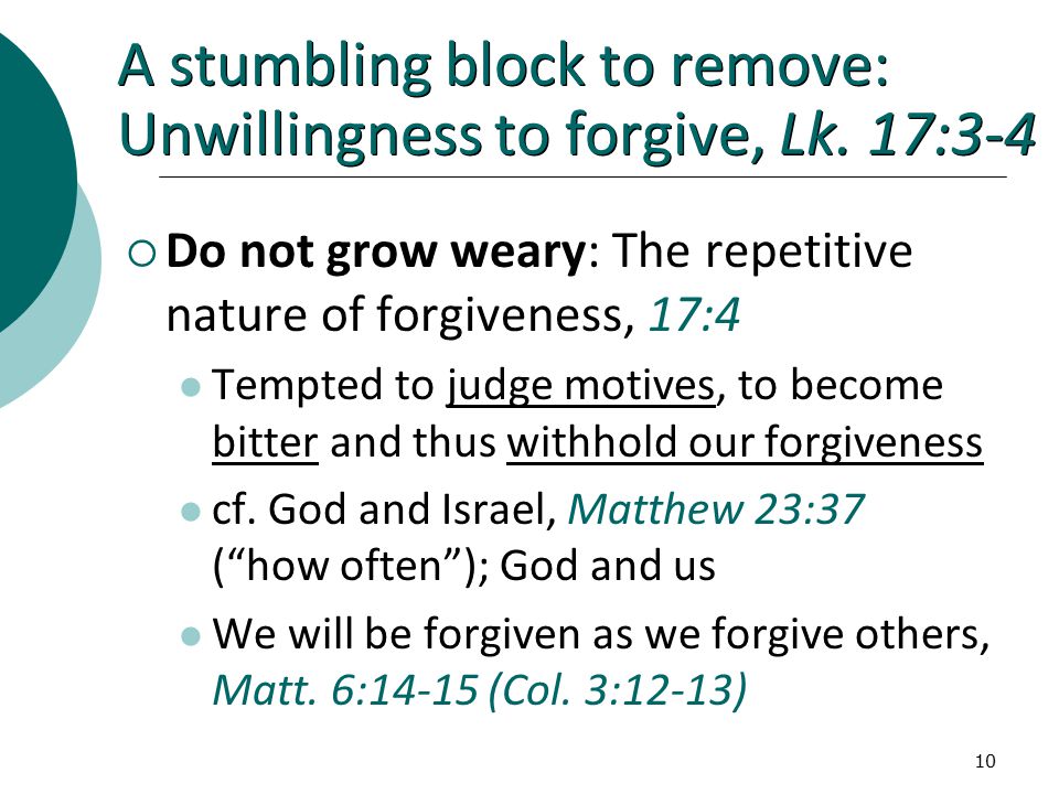 10 A stumbling block to remove: Unwillingness to forgive, Lk.