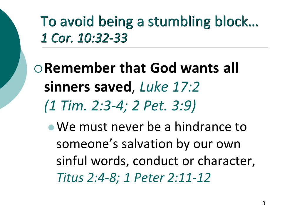 3 To avoid being a stumbling block… 1 Cor.