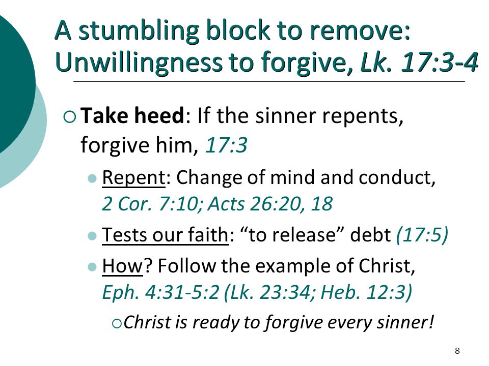 8 A stumbling block to remove: Unwillingness to forgive, Lk.