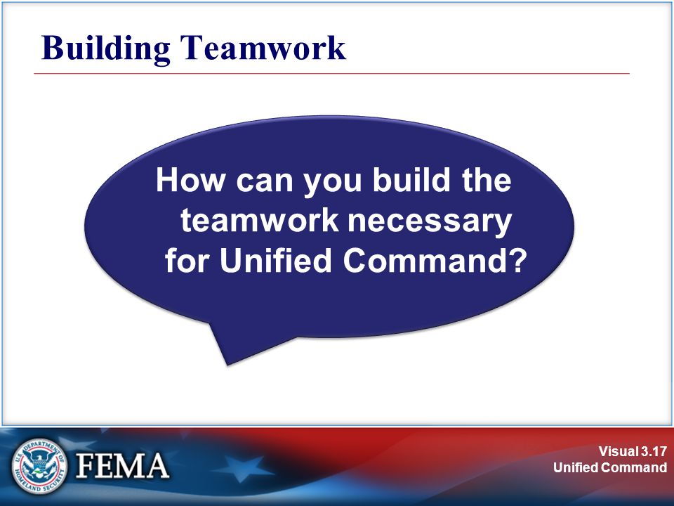 Visual 3.17 Unified Command How can you build the teamwork necessary for Unified Command.