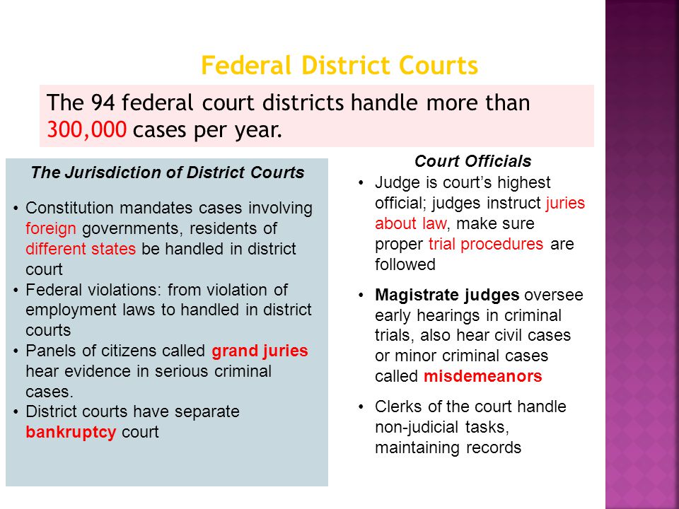 The 94 federal court districts handle more than 300,000 cases per year.