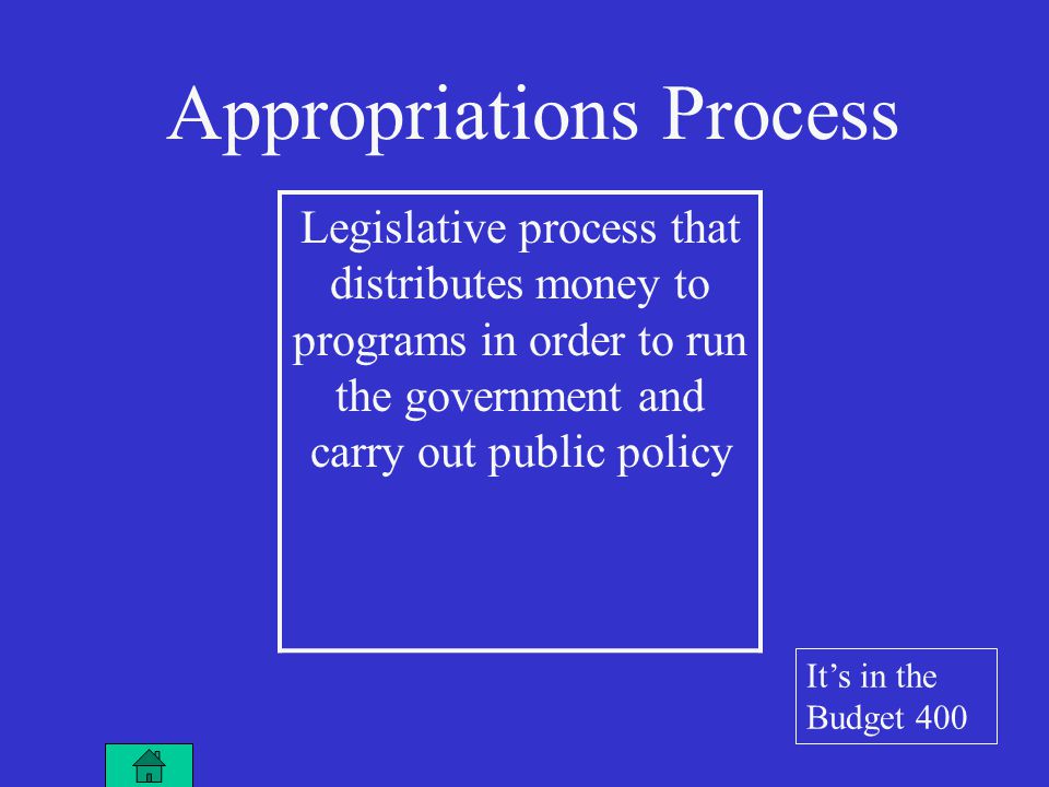 Legislative process that distributes money to programs in order to run the government and carry out public policy Appropriations Process It’s in the Budget 400