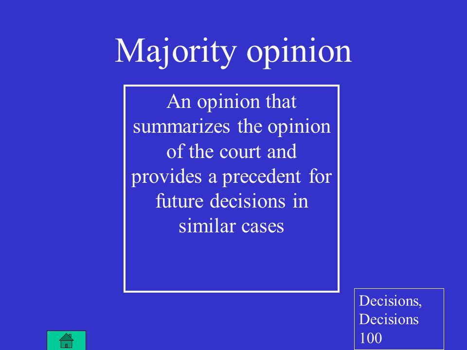 An opinion that summarizes the opinion of the court and provides a precedent for future decisions in similar cases Majority opinion Decisions, Decisions 100