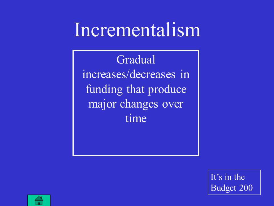 Gradual increases/decreases in funding that produce major changes over time Incrementalism It’s in the Budget 200