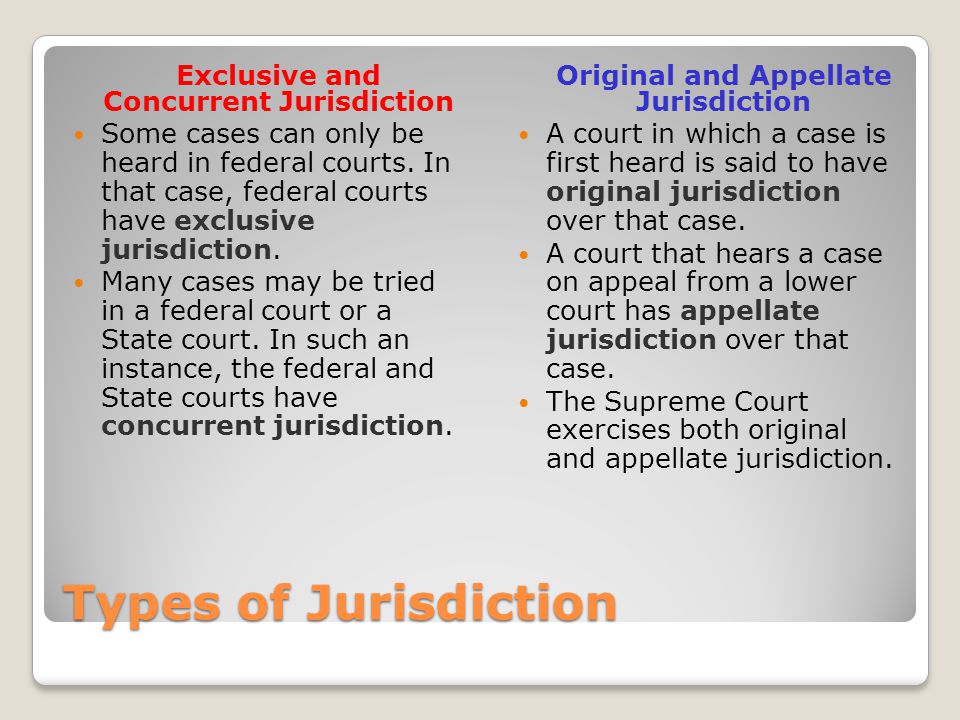 Types of Jurisdiction Exclusive and Concurrent Jurisdiction Some cases can only be heard in federal courts.