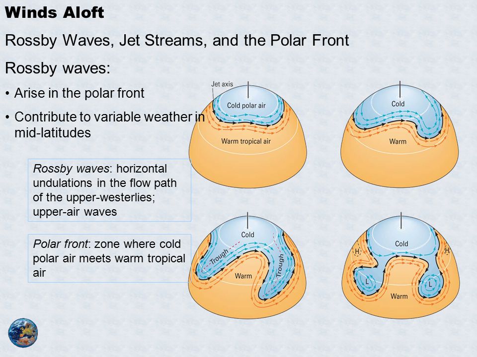 Winds Aloft Rossby Waves, Jet Streams, and the Polar Front Rossby waves: horizontal undulations in the flow path of the upper-westerlies; upper-air waves Polar front: zone where cold polar air meets warm tropical air Rossby waves: Arise in the polar front Contribute to variable weather in mid-latitudes