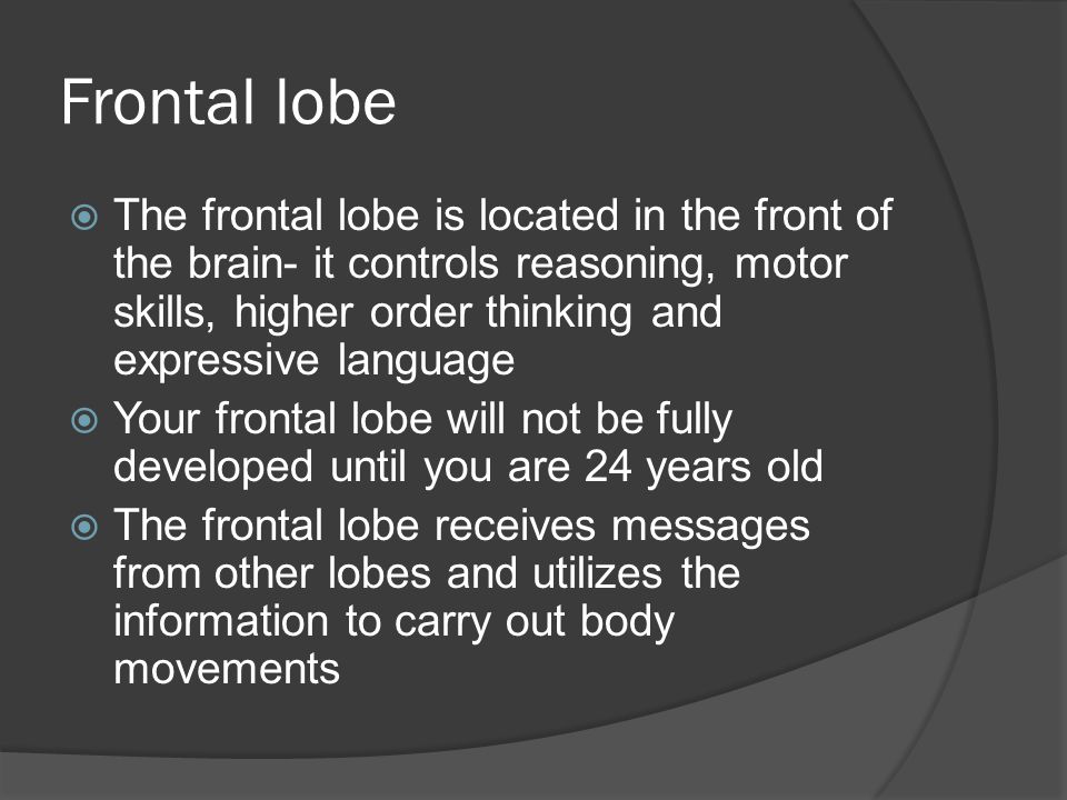 Frontal lobe  The frontal lobe is located in the front of the brain- it controls reasoning, motor skills, higher order thinking and expressive language  Your frontal lobe will not be fully developed until you are 24 years old  The frontal lobe receives messages from other lobes and utilizes the information to carry out body movements