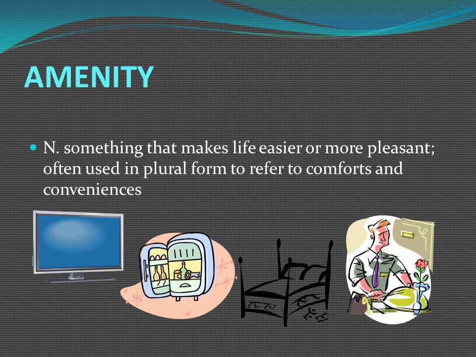 amenity n something that makes life easier or more pleasant often plural form for life