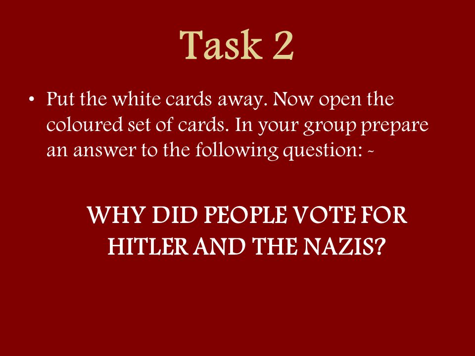 Task 2 Put the white cards away. Now open the coloured set of cards.
