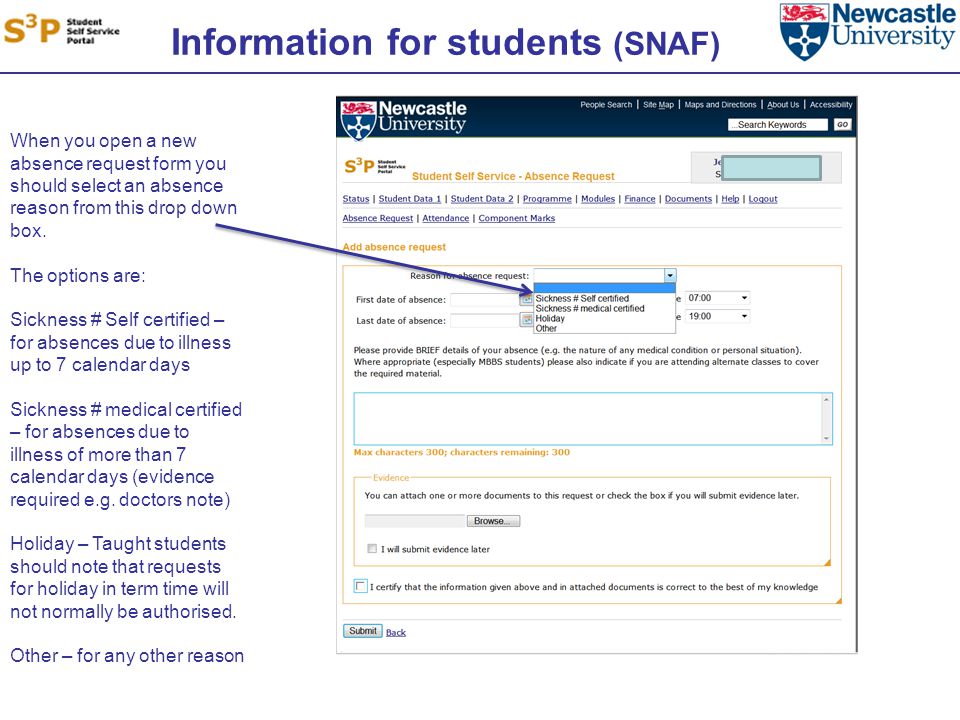 Information for students (SNAF) When you open a new absence request form you should select an absence reason from this drop down box.