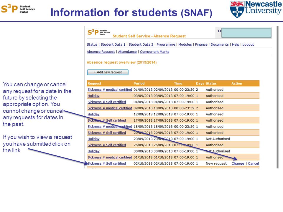 Information for students (SNAF) You can change or cancel any request for a date in the future by selecting the appropriate option.