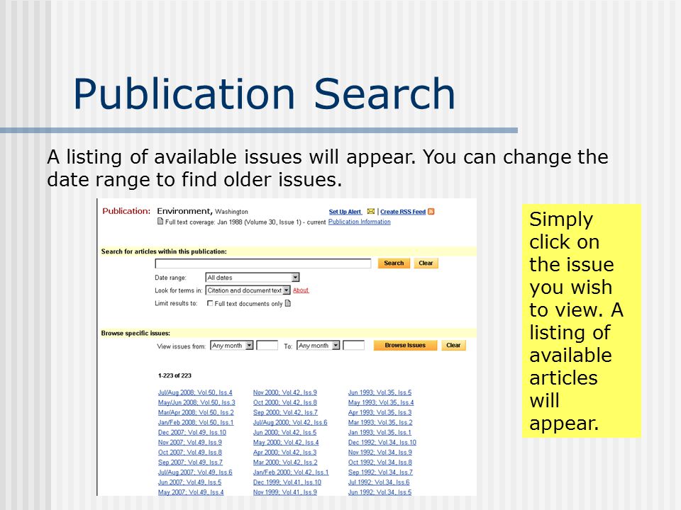Publication Search Once you have entered a search, a listing of publication titles containing the word(s) will appear.