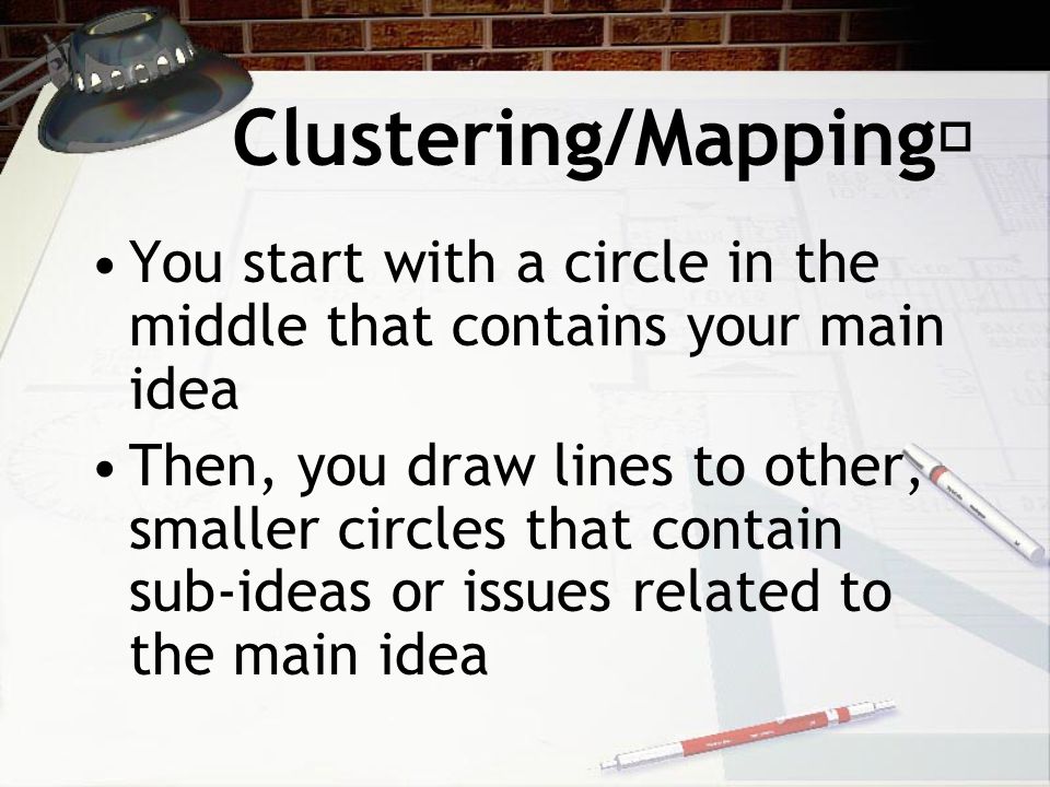 Clustering/Mapping You start with a circle in the middle that contains your main idea Then, you draw lines to other, smaller circles that contain sub-ideas or issues related to the main idea