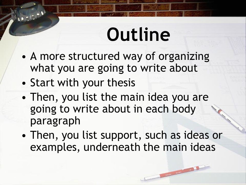 Outline A more structured way of organizing what you are going to write about Start with your thesis Then, you list the main idea you are going to write about in each body paragraph Then, you list support, such as ideas or examples, underneath the main ideas