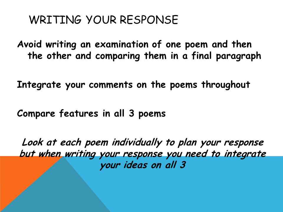 WRITING YOUR RESPONSE Avoid writing an examination of one poem and then the other and comparing them in a final paragraph Integrate your comments on the poems throughout Compare features in all 3 poems Look at each poem individually to plan your response but when writing your response you need to integrate your ideas on all 3