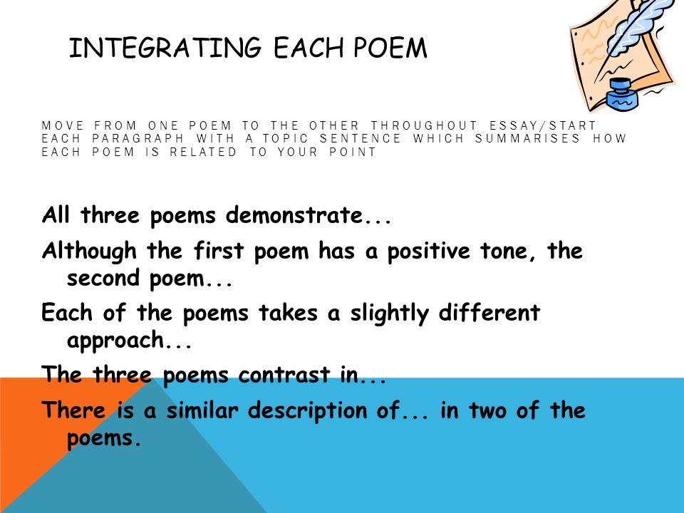 INTEGRATING EACH POEM MOVE FROM ONE POEM TO THE OTHER THROUGHOUT ESSAY/START EACH PARAGRAPH WITH A TOPIC SENTENCE WHICH SUMMARISES HOW EACH POEM IS RELATED TO YOUR POINT All three poems demonstrate...