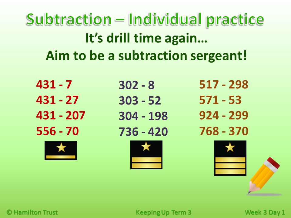 © Hamilton Trust Keeping Up Term 3 Week 3 Day 1 It’s drill time again… Aim to be a subtraction sergeant.