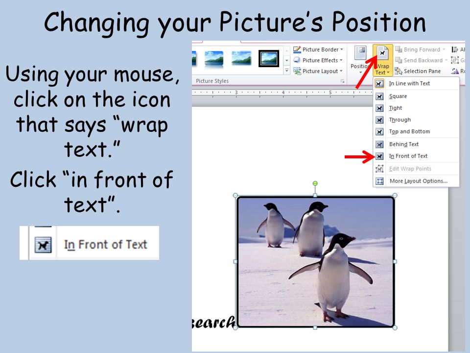 Changing your Picture’s Position Using your mouse, click on the icon that says wrap text. Click in front of text .