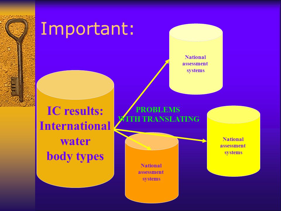 Important: National assessment systems IC results: International water body types National assessment systems National assessment systems PROBLEMS WITH TRANSLATING