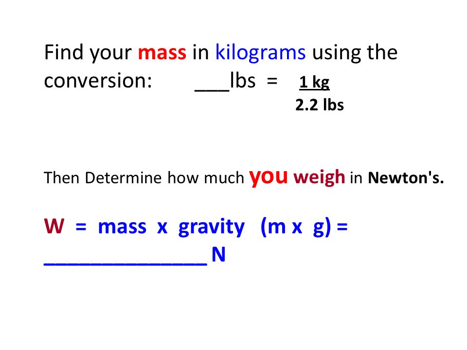 Find your mass in kilograms using the conversion: ___lbs = 1 kg 2.2 lbs Then Determine how much you weigh in Newton s.