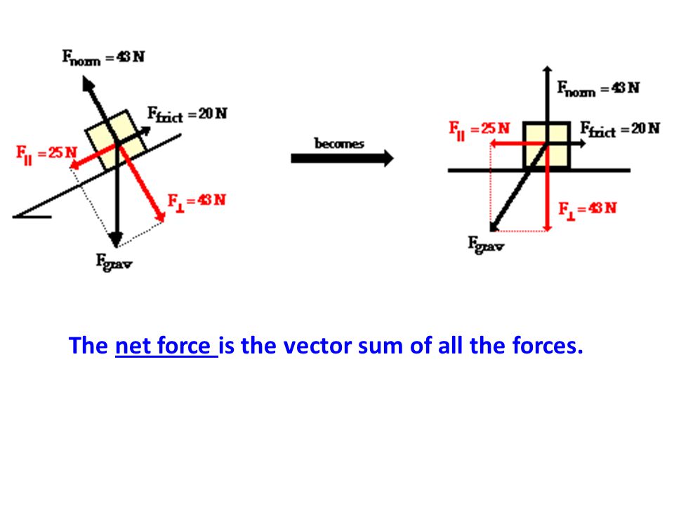 The net force is the vector sum of all the forces.