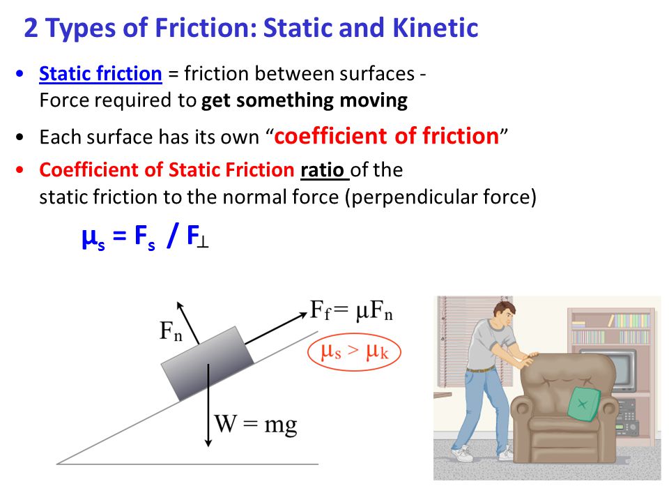 Static friction = friction between surfaces - Force required to get something moving Each surface has its own coefficient of friction Coefficient of Static Friction ratio of the static friction to the normal force (perpendicular force) μ s = F s / F 2 Types of Friction: Static and Kinetic