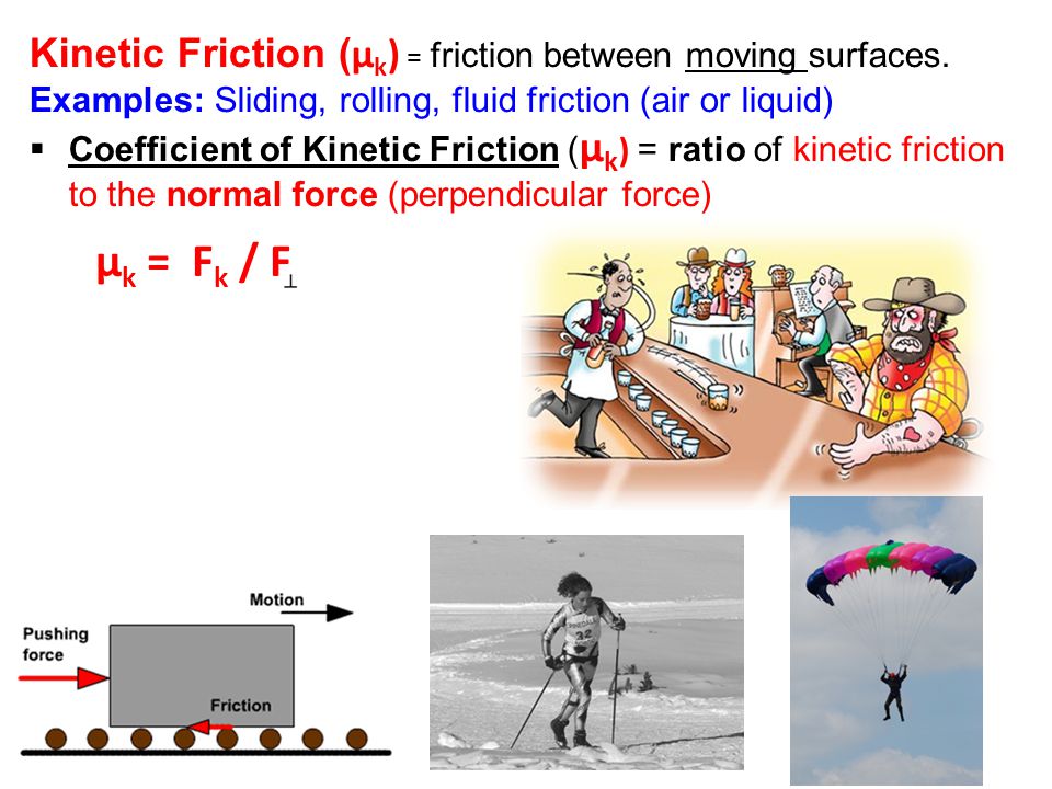 Kinetic Friction ( μ k ) = friction between moving surfaces.