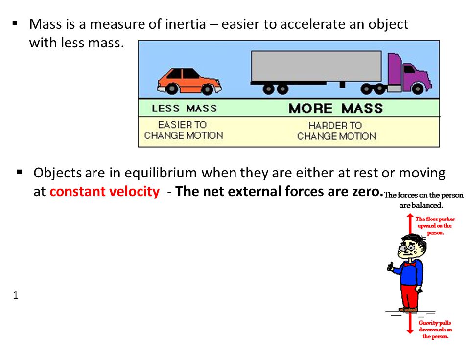1  Mass is a measure of inertia – easier to accelerate an object with less mass.