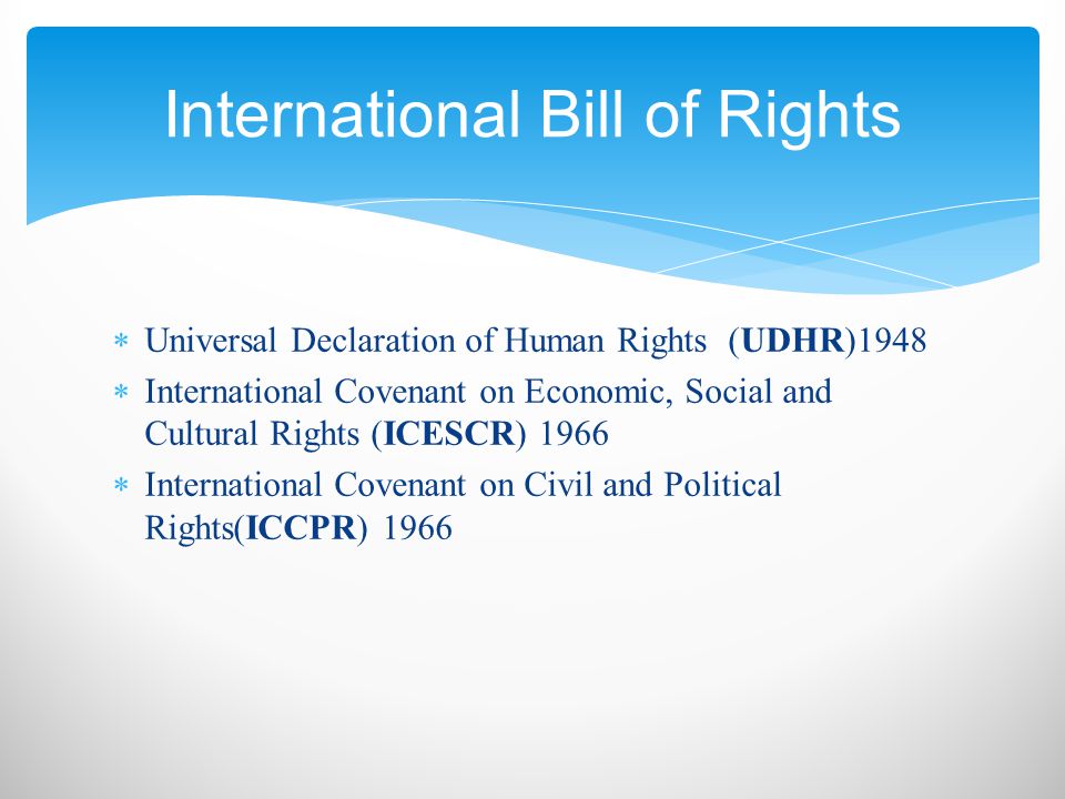  Universal Declaration of Human Rights (UDHR)1948  International Covenant on Economic, Social and Cultural Rights (ICESCR) 1966  International Covenant on Civil and Political Rights(ICCPR) 1966 International Bill of Rights