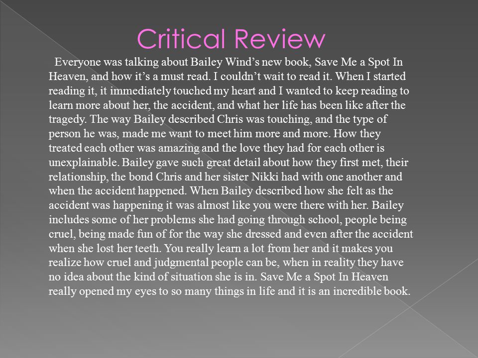 Critical Review Everyone was talking about Bailey Wind’s new book, Save Me a Spot In Heaven, and how it’s a must read.