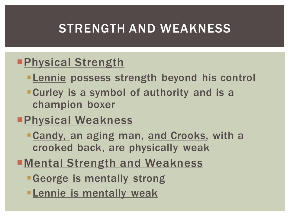  Physical Strength  Lennie possess strength beyond his control  Curley is a symbol of authority and is a champion boxer  Physical Weakness  Candy, an aging man, and Crooks, with a crooked back, are physically weak  Mental Strength and Weakness  George is mentally strong  Lennie is mentally weak STRENGTH AND WEAKNESS