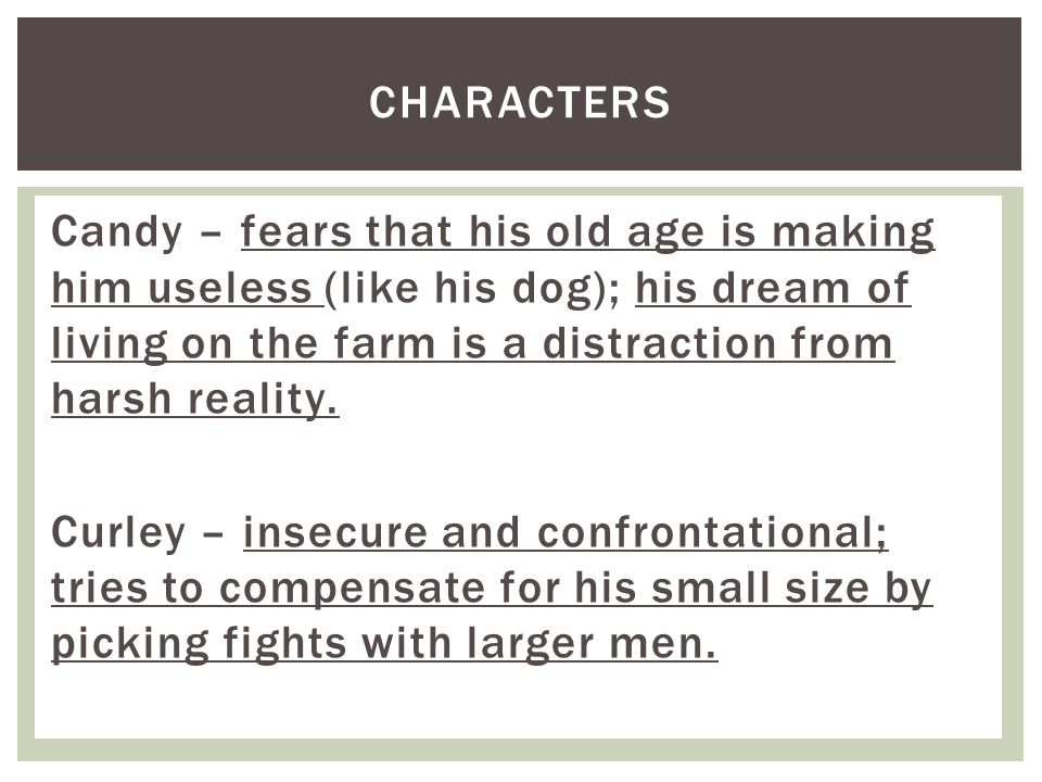 Candy – fears that his old age is making him useless (like his dog); his dream of living on the farm is a distraction from harsh reality.