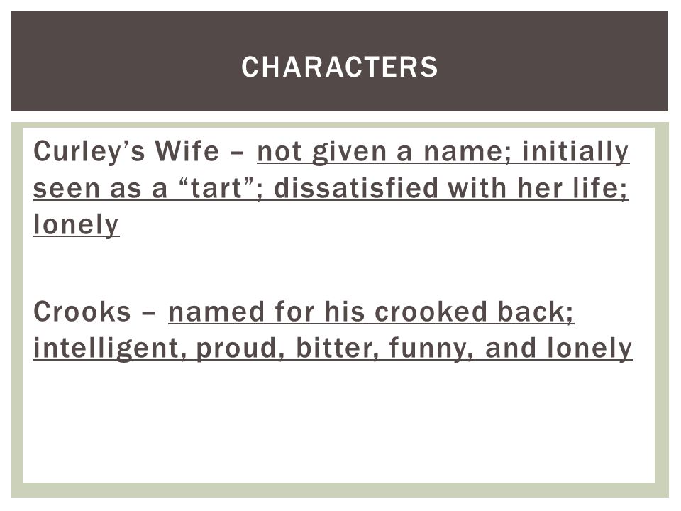 Curley’s Wife – not given a name; initially seen as a tart ; dissatisfied with her life; lonely Crooks – named for his crooked back; intelligent, proud, bitter, funny, and lonely CHARACTERS