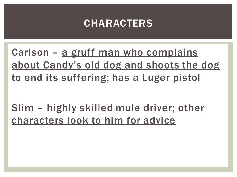 Carlson – a gruff man who complains about Candy’s old dog and shoots the dog to end its suffering; has a Luger pistol Slim – highly skilled mule driver; other characters look to him for advice CHARACTERS