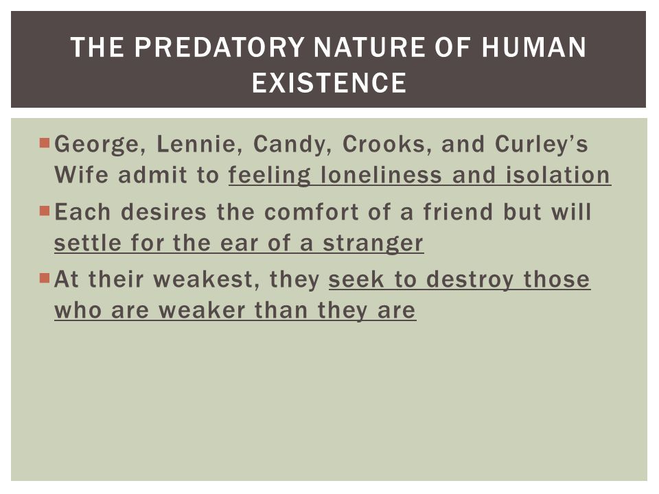  George, Lennie, Candy, Crooks, and Curley’s Wife admit to feeling loneliness and isolation  Each desires the comfort of a friend but will settle for the ear of a stranger  At their weakest, they seek to destroy those who are weaker than they are THE PREDATORY NATURE OF HUMAN EXISTENCE