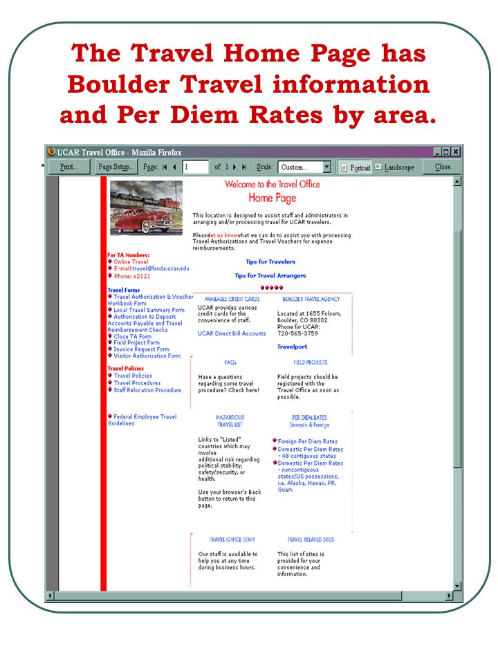 The Travel Home Page has Boulder Travel information and Per Diem Rates by area.