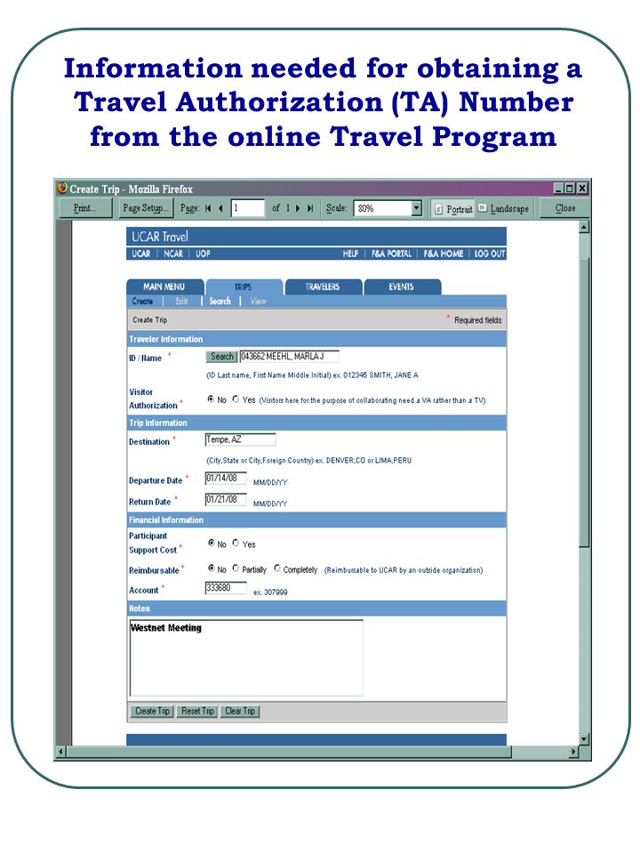 Information needed for obtaining a Travel Authorization (TA) Number from the online Travel Program